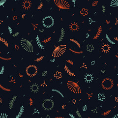 Vector illustration. Abstract Seamless pattern with Floral elements on dark blue. Twigs and Flowers. Hand drawn Doodle clipart. For greeting card, fabric, gift wrapping, Social Media. Scandi style.