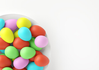 Multicolored eggs on a white plate located in the lower left corner. Easter holiday. 3D rendering and 3D illustration.