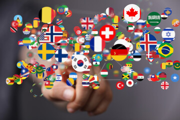 Global communication and international messaging concept, national flags of world