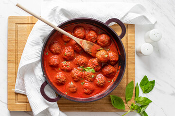 Marinara Minced Beef Meatballs and Tomato Sauce, Flat Lay