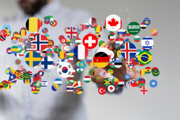 Global communication and international messaging concept, national flags of world