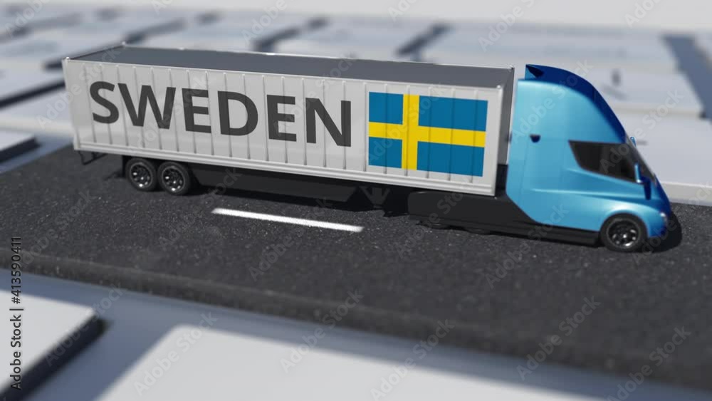 Poster truck with flag of sweden moves on the keyboard key. export or import related looping 3d animation