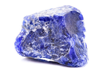 Amazing closeup macro of colorful blue veined sodalite mineral stone specimen isolated on white...