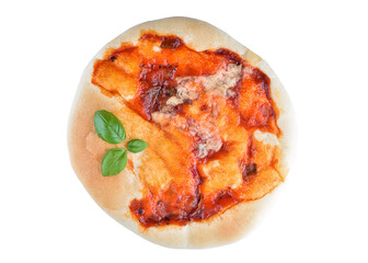 Mini pizza with basil isolated on white background