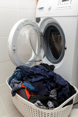 washing machine and clothes in plastic basket