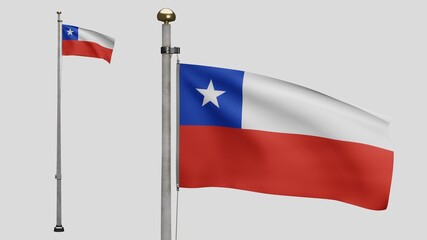3D illustration Chilean flag waving in wind. Chile banner blowing, soft silk.