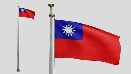 3D illustration Taiwanese flag waving in wind. Taiwan banner blowing, soft silk