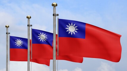 3D illustration Taiwanese flag waving in wind. Taiwan banner blowing, soft silk