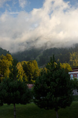 Misty mountain landscape with fir forest. Beautiful landscape with mountain view, cable car....