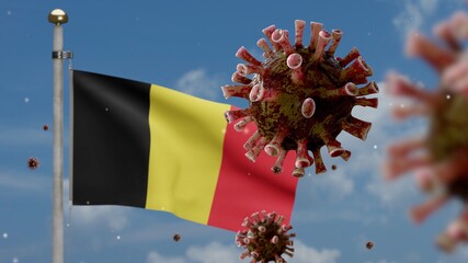 3D illustration Belgian flag waving with Coronavirus outbreak. Covid 19 Belgium
