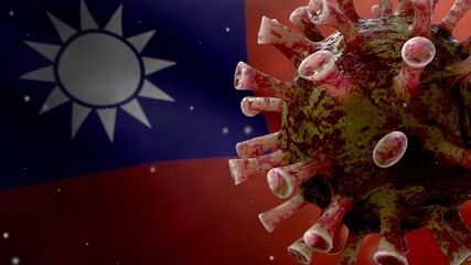 3D illustration coronavirus over Taiwanese flag. Taiwan pandemic Covid19 virus