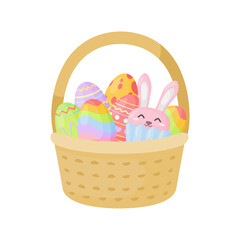Easter basket with eggs. Illustration of basket with different colorful eggs isolated on white.