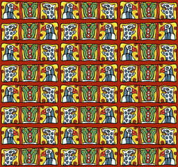 South American colorful national style ethnic seamless pattern of Maya or Aztec art, colorful eagles, leopard, cactus motifs, for custom design, background, textile