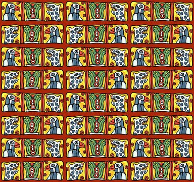 South American colorful national style ethnic seamless pattern of Maya or Aztec art, colorful eagles, leopard, cactus motifs, for custom design, background, textile