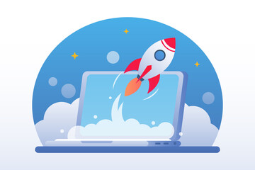 Vector flat illustration. Business startup concept. The rocket takes off from the laptop. The ability to do business at home. Can be used for presentation, websites and web banners. Business launch.