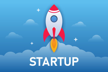 Startup. Business launch. Modern concept flat vector illustration for web banners and sites. Easy to edit. Successful rocket launch. Investment, innovative growth and technology development. Boost.