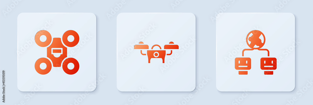 Poster set drone, and artificial intelligence. white square button. vector.