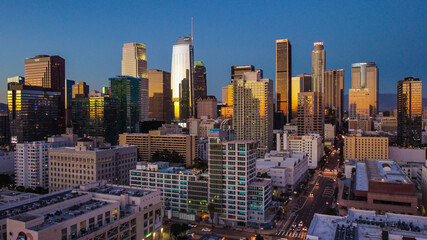 Beautiful view of a downtown LA Los Angeles buildings at sunset dusk