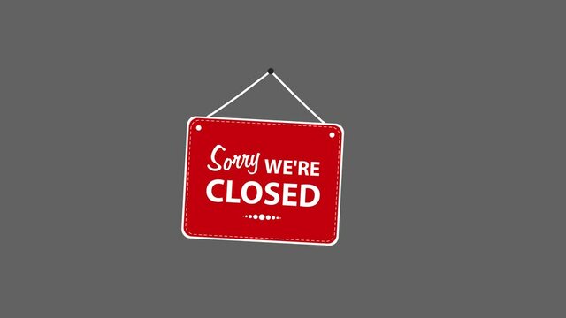Closed sign - Closed door sign animated cartoon vector animation on transparent background - Closed Store Hanging door sign with alpha channel. Sign for Business Door that says Sorry We are Closed.