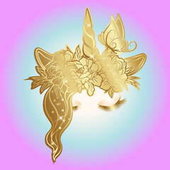 Vector unicorn face with closed eyes, butterfly and wreath of flowers. The image is isolated from the background. © Natalia