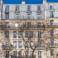 Paris, typical facade and windows, beautiful building, with old zinc roofs
