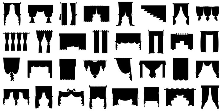 Curtains for windows, balconies, theaters, restaurants, bedrooms. Set vector isolated on white, style in silhouette.