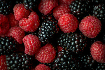 Close-up view of red raspberries (Rubus idaeus) and blackberries (Rubus sp.) 