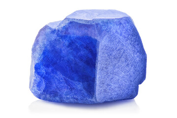 Amazing closeup macro of natural raw blue Sapphire mineral gemstone isolated on white background....