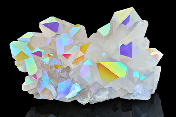 Amazing colorful Quartz Rainbow Flame Angel Aura Crystal cluster closeup macro isolated on black...