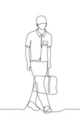 man in a mask carries a large bag. One line drawing of a masked man wearing a short sleeved shirt and trousers carrying his travel bag in one hand. The tourist has arrived  to rest or a business trip