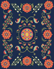 Seamless Uzbek, Kazakh, Kyrgyz, Turkmen Middle Asian and arabian islamic vector decorative pattern, damask ornate boho style vintage ornaments in red, orange, green, yellow colors on blue background.