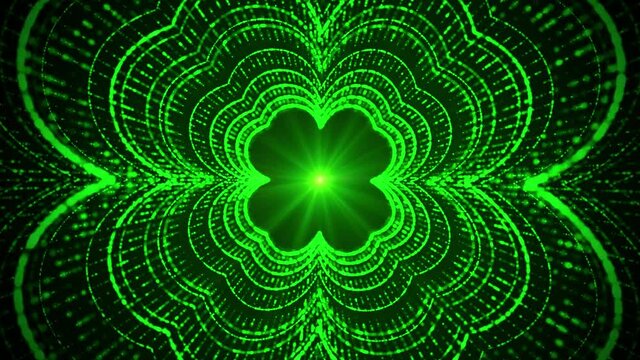 Abstract Green Shiny Four Leafed Clover Shape Glitter Sparkle Lines Saint Patrick's Day Tunnel Motion View With Light Beam Animation