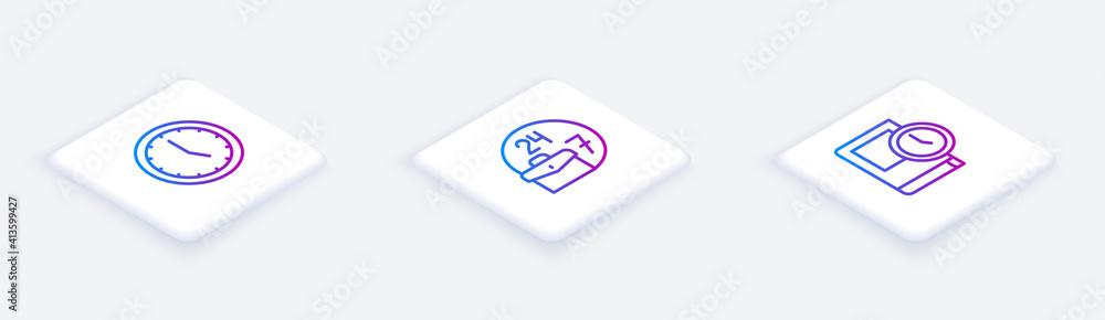 Poster set isometric line clock, always busy and time for book. white square button. vector.