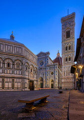 Florence Cathedral of Saint Mary of the Flower (Florence Duomo), Florence Giotto's Campanile and Florence Baptistery at night in Florence, Italy. Florence architecture and landmark