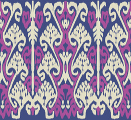 Seamless Uzbek or Indonestian Ikat vector fabric pattern, textile ornaments in ethnic Asian style, simple and colorful, cold tones, for custom design and print, lilac, blue and beige.