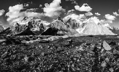 View from Concordia camp (4,600m) on the Baltoro glacier to Broad Peak, Gasherbrum range, Sharp Peak, in the Karakoram mountain range, Pakistan. 