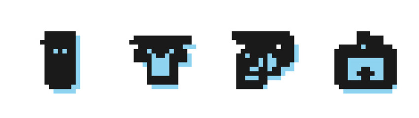 Set line Toilet paper roll, Full trash can, Drying clothes and Washbasin icon. Vector.