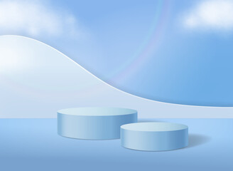 Cylinder abstract podium on pastel blue background minimal scene with geometric platform. Vector 3d illustration with podium and clouds. For cosmetic products advertising
