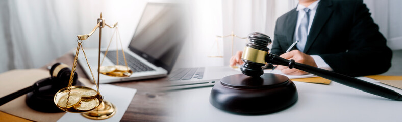 Business and lawyers discussing contract papers with brass scale on desk in office. Law, legal services, advice, justice and law concept picture with film grain effect