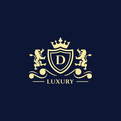 D Letter Gold luxury vintage monogram floral decorative logo with crown design template Premium Vector
