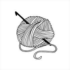 vector illustration in doodle style. cute ball of yarn and a crochet hook. black and white illustration, logo, icon. knitting, crocheting, hobbies - obrazy, fototapety, plakaty