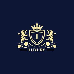 I Letter Gold luxury vintage monogram floral decorative logo with crown design template Premium Vector. Logotype for uses in different spheres. Fashion, royalty, boutique.