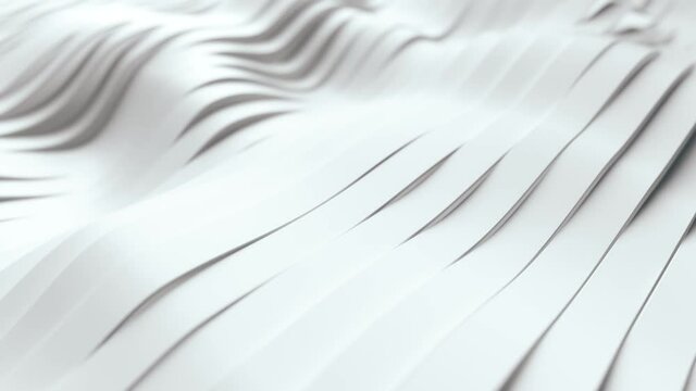 Abstract background with white wavy stripes. Modern black background template for documents, reports and presentations. Sci-fi futuristic. 3D animation of seamless loop