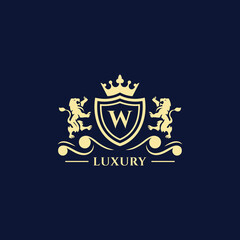 W Letter Gold luxury vintage monogram floral decorative logo with crown design template Premium Vector. Logotype for uses in different spheres. Fashion, royalty, boutique.