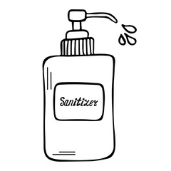 Sanitizer antiseptic spray. 100 protection against bacteria, viruses and germs. Contour on an isolated background. Doodle style. Sanitize doodle hand drawn print, poster, placard text concept.
