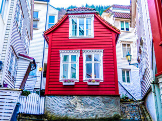 Norway, in Bergen, typical wooden houses in the old center. 