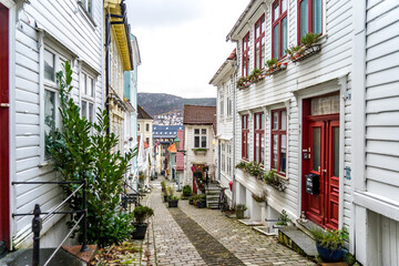Norway, in the city of Bergen , small alleys with traditional wooden houses.