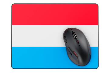 Computer mouse and mouse pad with Luxembourgish flag, 3D rendering