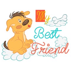 Illustration vector cute dog with clouds and text in background for kids