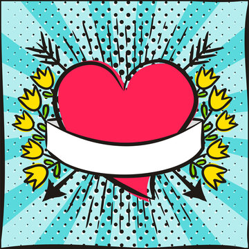Hand drawn heart with arrows and wrapped with white ribbon for text. Yellow tulips on a blue ray background. Vector illustration on the theme of love, wedding and Valentine's Day. Pop art style